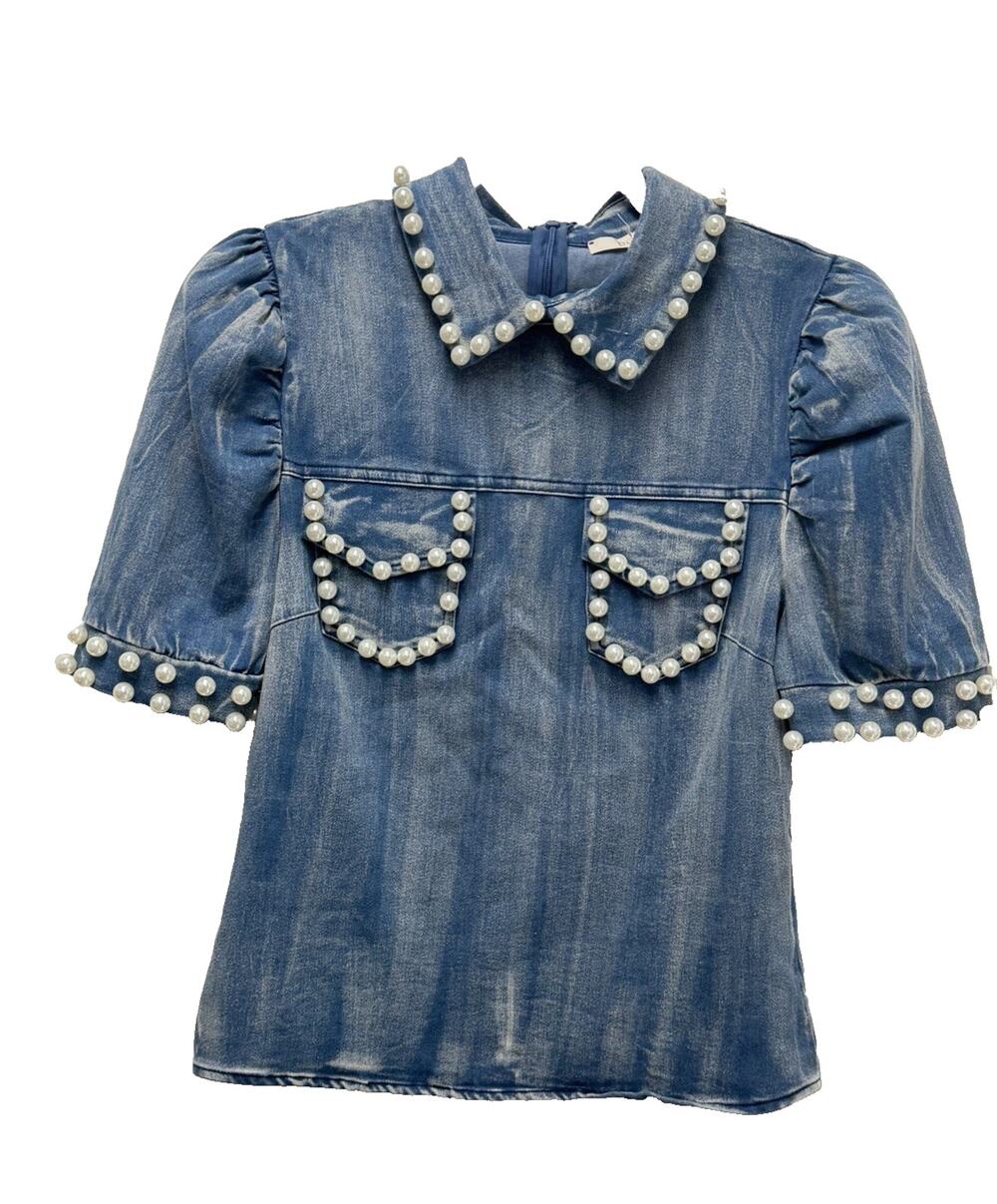 PASTEL BOUTIQUE NWT Pearl Studded Puff Sleeve Blue Denim Top Back Zipper Small